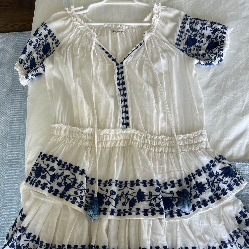LoveShackFancy blue and white mini dress with embroidery